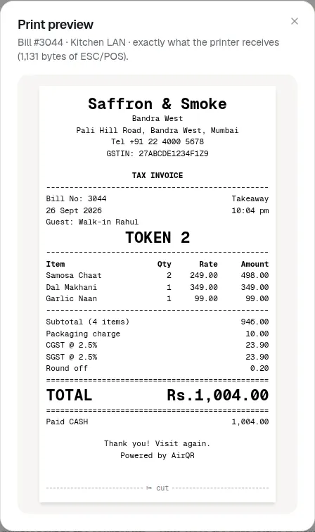 Print preview of an AirQR tax invoice showing outlet name and GSTIN, bill number, token, items, CGST and SGST at 2.5 percent, round off and total
