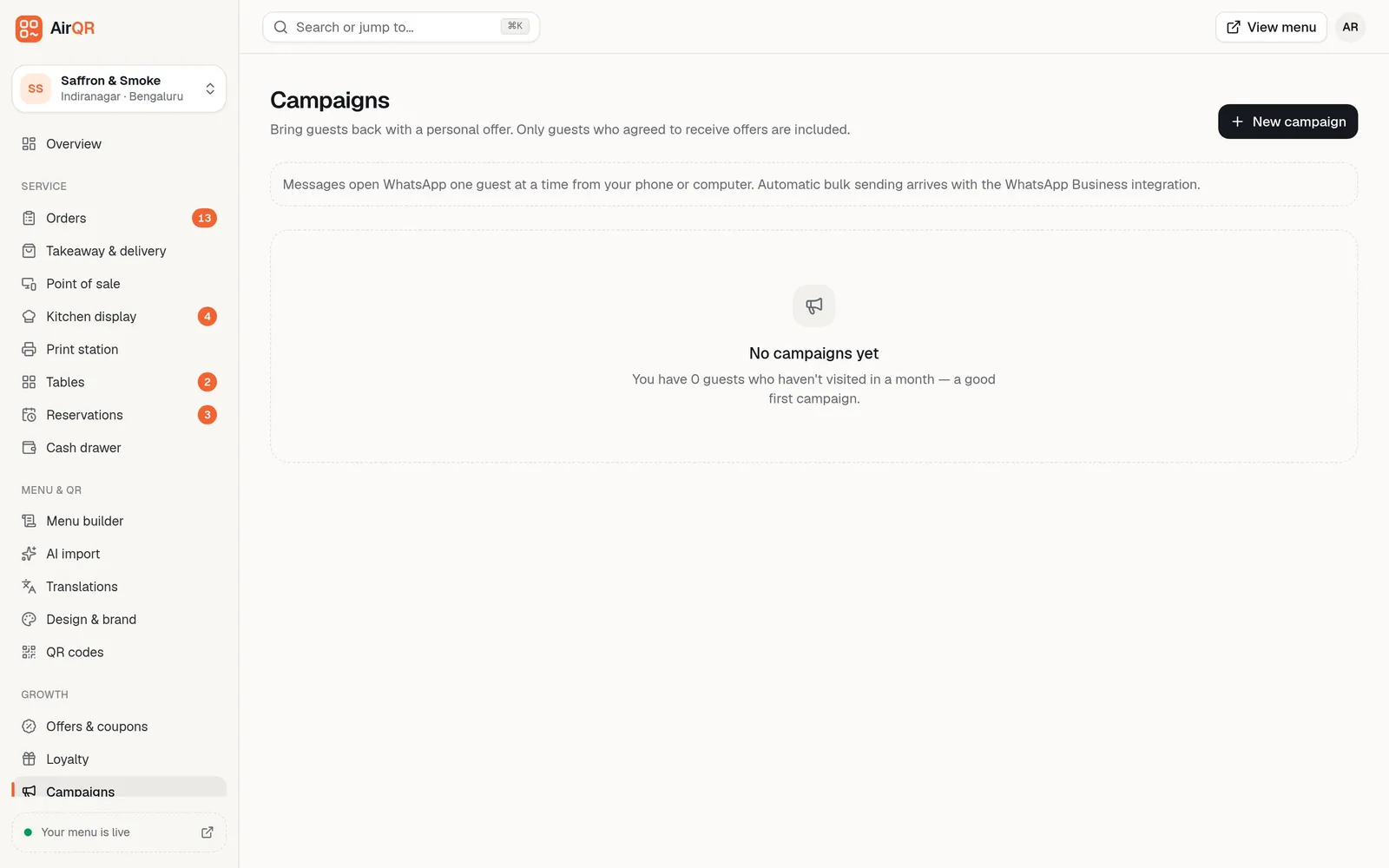 The AirQR Campaigns page listing offer campaigns with the guest group, messages sent and sales from each campaign