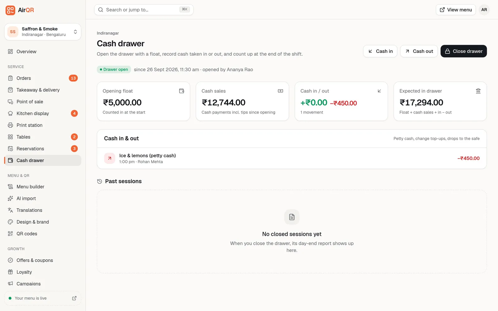 The AirQR cash drawer page showing opening float, cash sales, cash in and out, and expected cash in the drawer