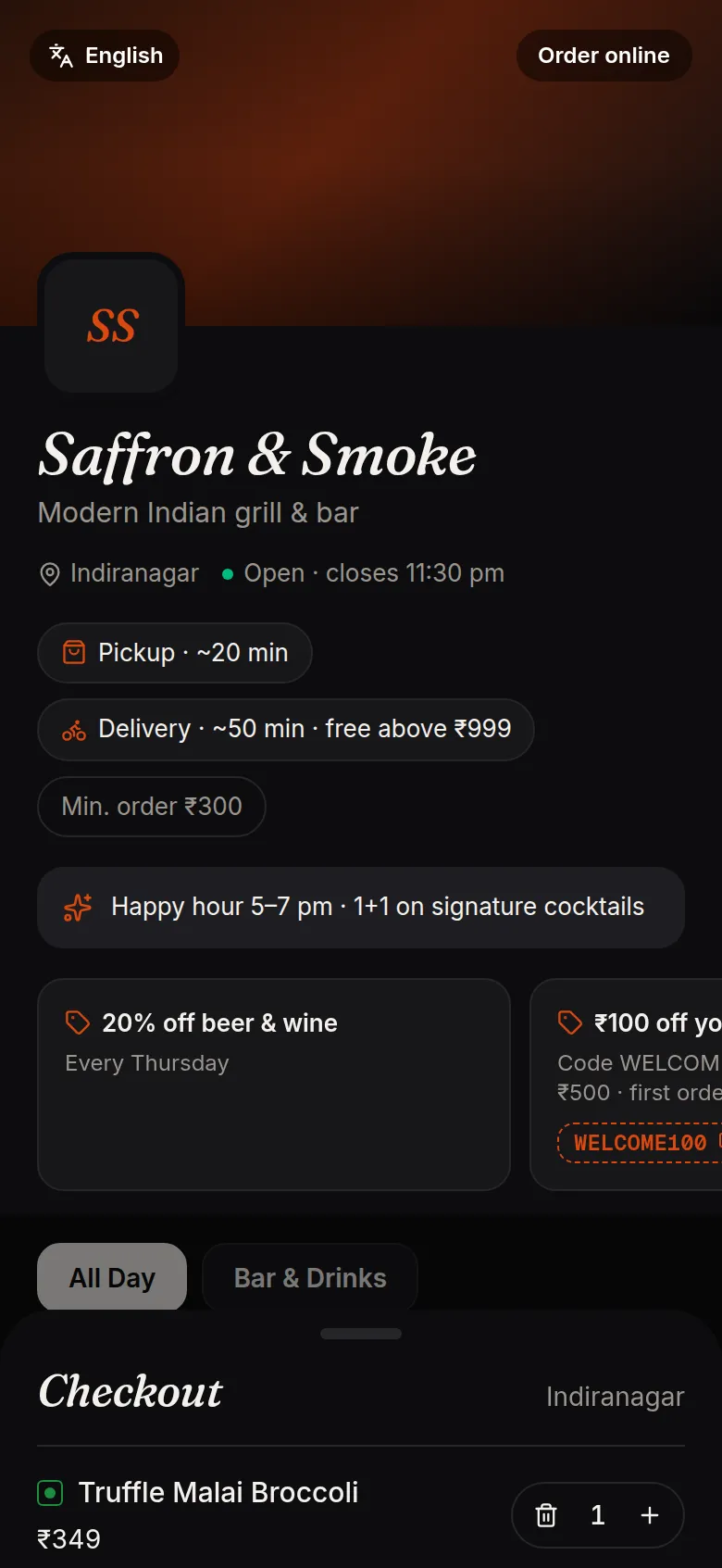 A guest's phone showing a restaurant's online ordering page with pickup in 20 minutes, delivery in 50 minutes, free delivery above 999 rupees, a minimum order of 300 rupees and a checkout sheet open at the bottom
