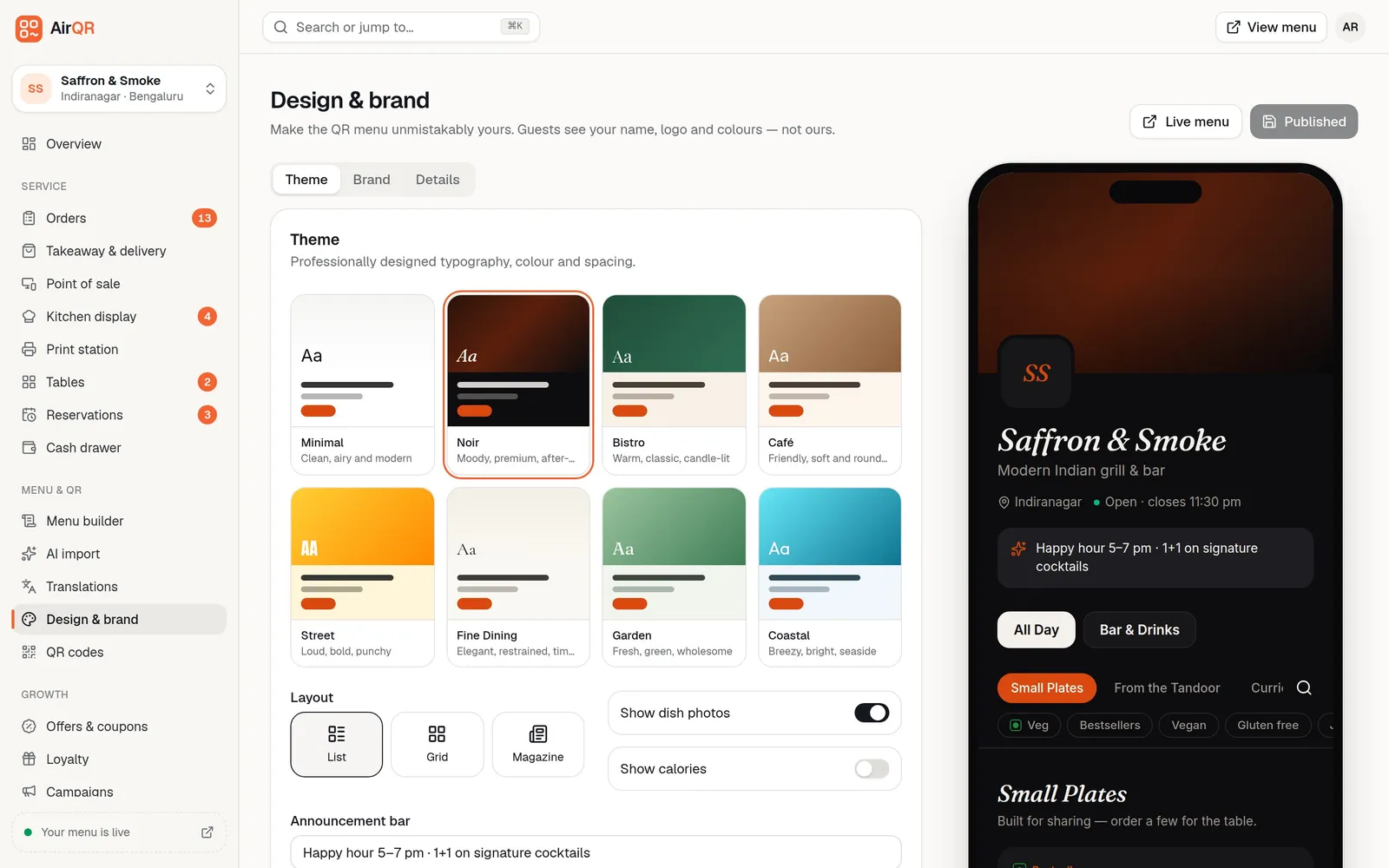 The AirQR Design and brand editor with theme choices on the left and a live phone preview of the menu on the right