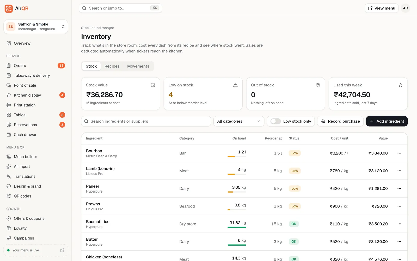 The AirQR Inventory page with stock value, low on stock cards and a table listing bourbon in litres with its reorder level