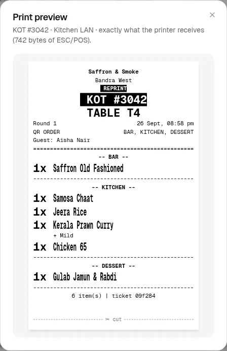 A print preview of a kitchen order ticket with a reprint banner, table T4, round 1 and items grouped under bar, kitchen and dessert