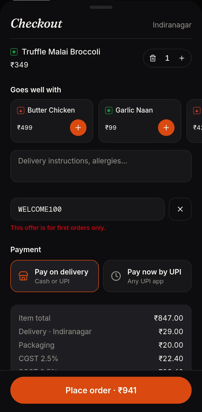 AirQR online checkout on a phone with delivery notes, a coupon box, Pay on delivery or Pay now by UPI choices and the bill with delivery and packaging