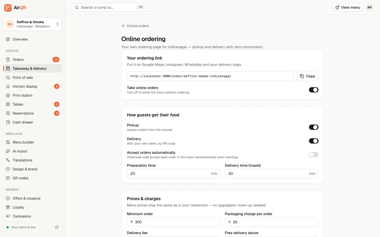 The AirQR Online ordering settings page with the ordering link, pickup and delivery switches and prices and charges