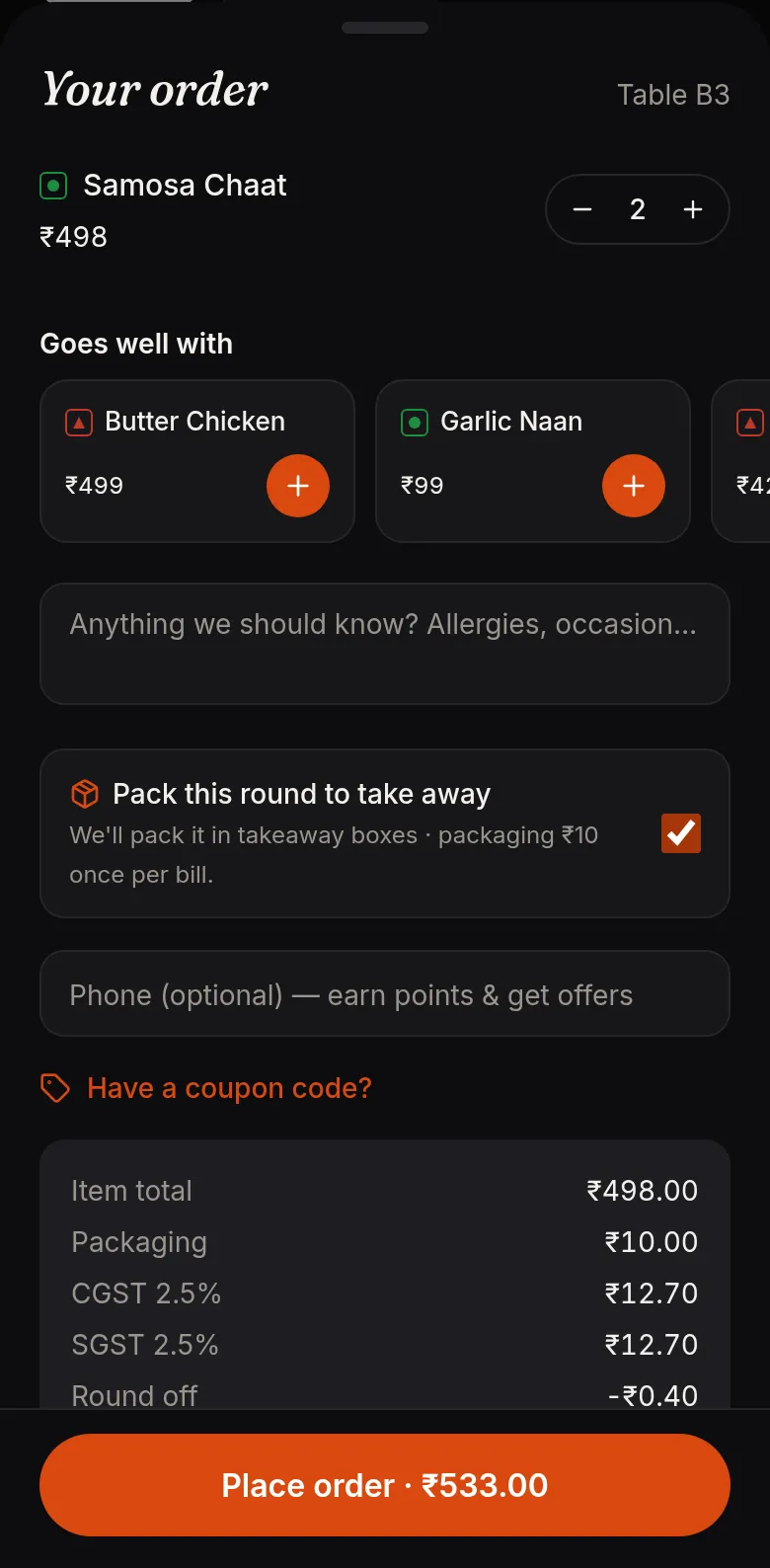 A guest's cart at a table with the Pack this round to take away option ticked and a packaging charge on the bill