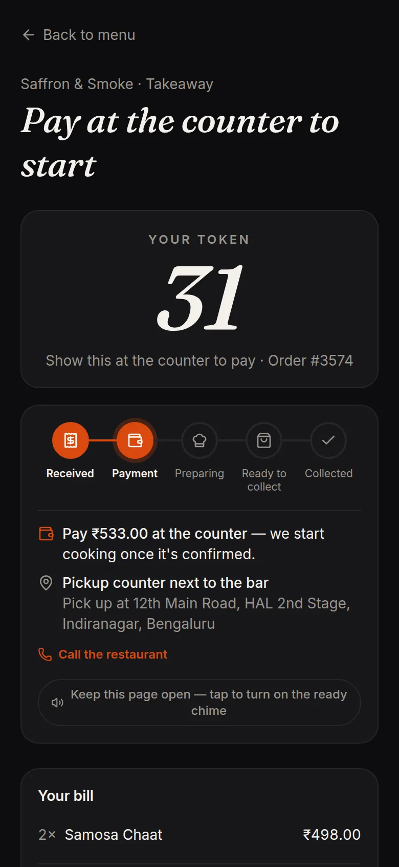 A guest's phone showing Your token 31 with the message Pay at the counter to start and the order progress from Received to Collected