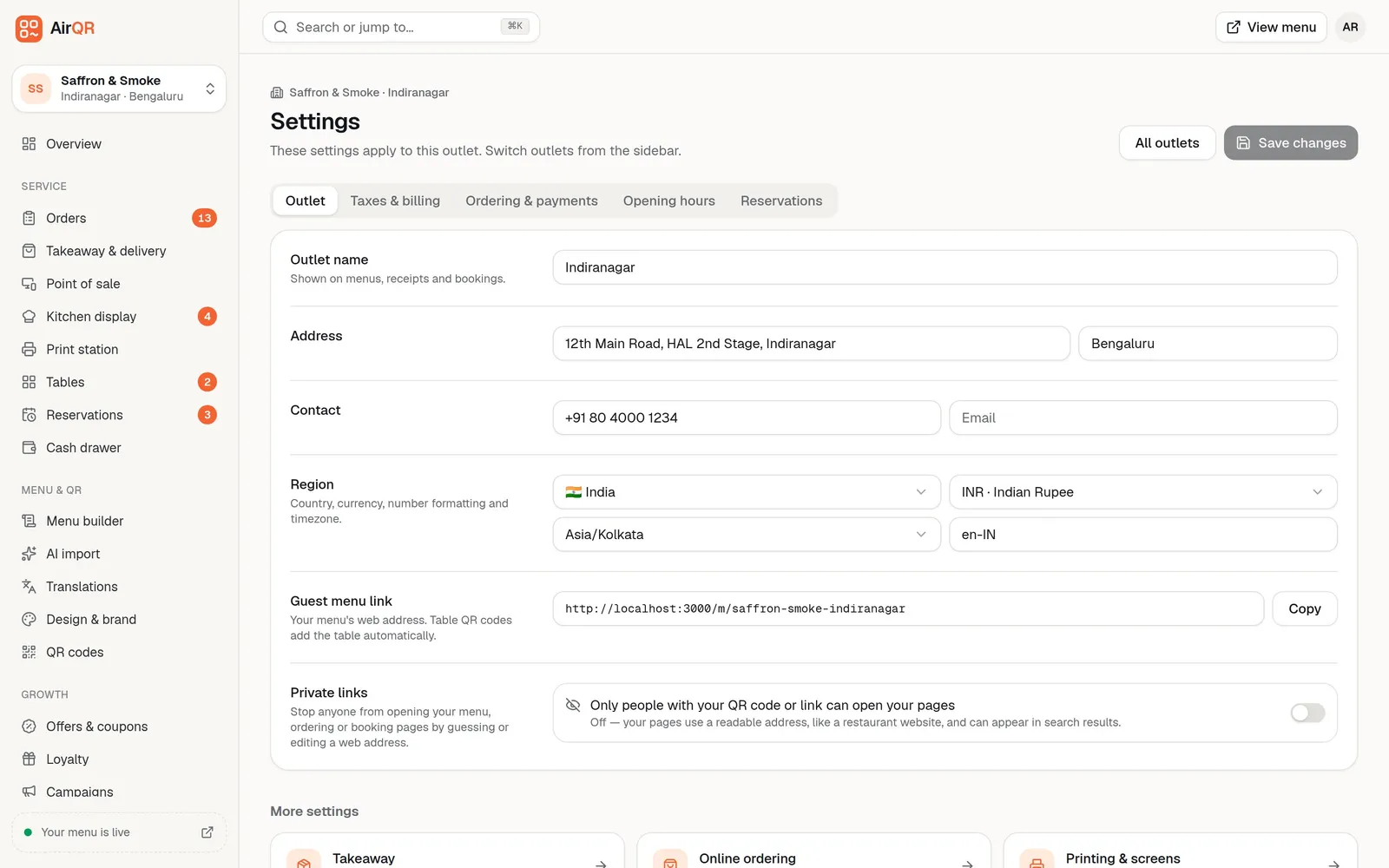 The AirQR outlet Settings page with tabs for outlet details, taxes, ordering, opening hours and reservations
