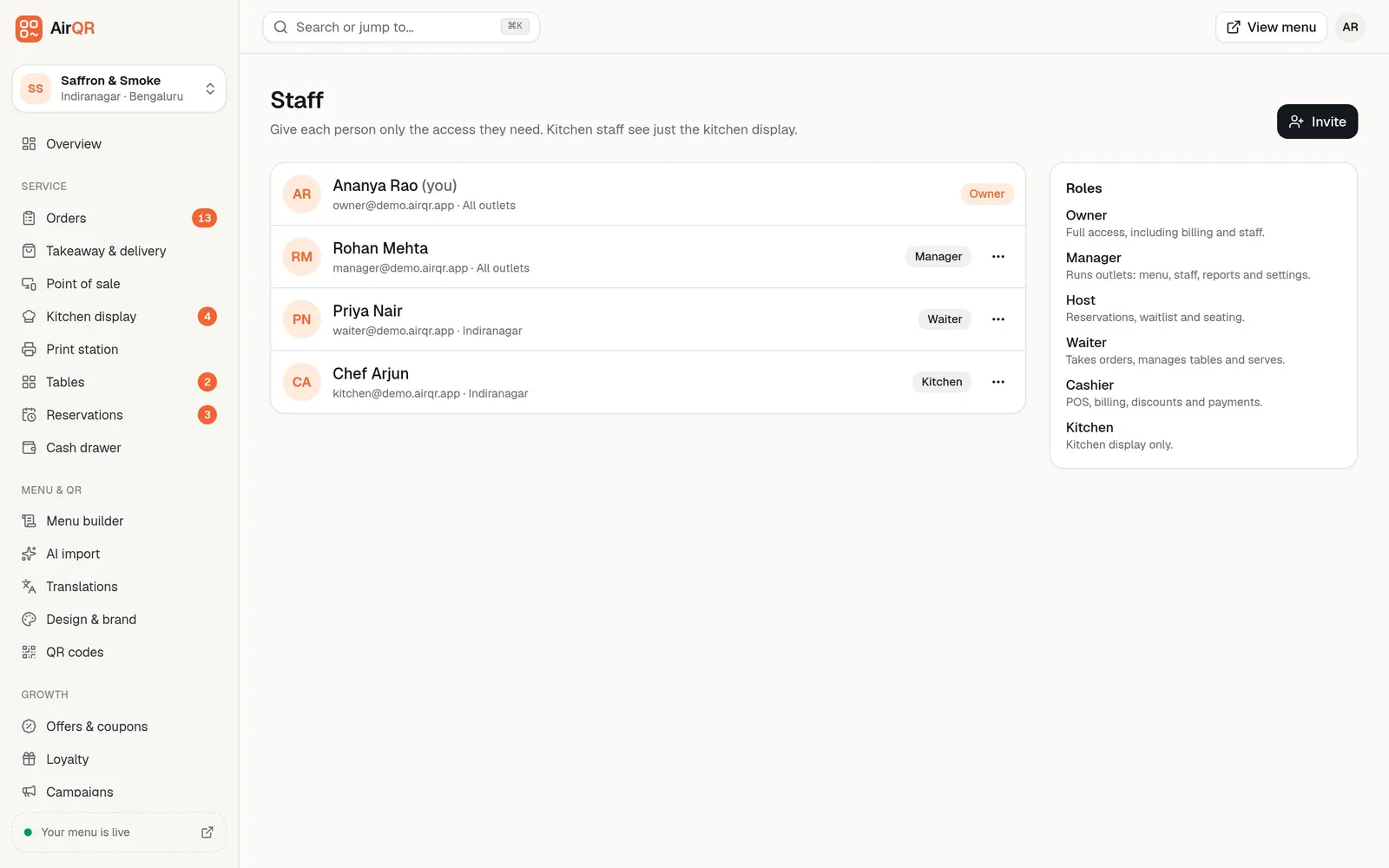The AirQR Staff page listing an owner, a manager, a waiter and kitchen staff, each with an outlet, beside a roles panel