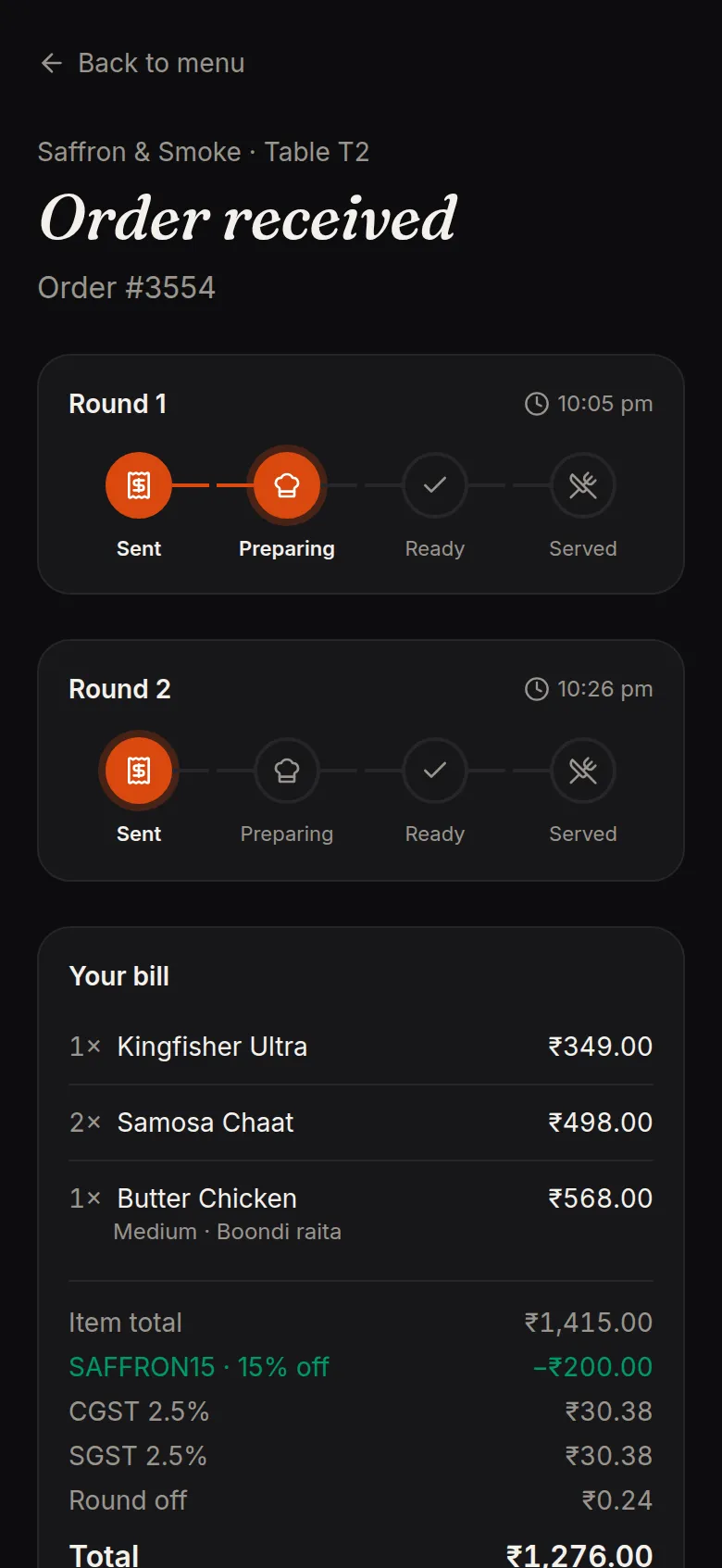 The guest's order page in AirQR showing Round 1 and Round 2 with Sent and Preparing status and the running bill with discount and GST