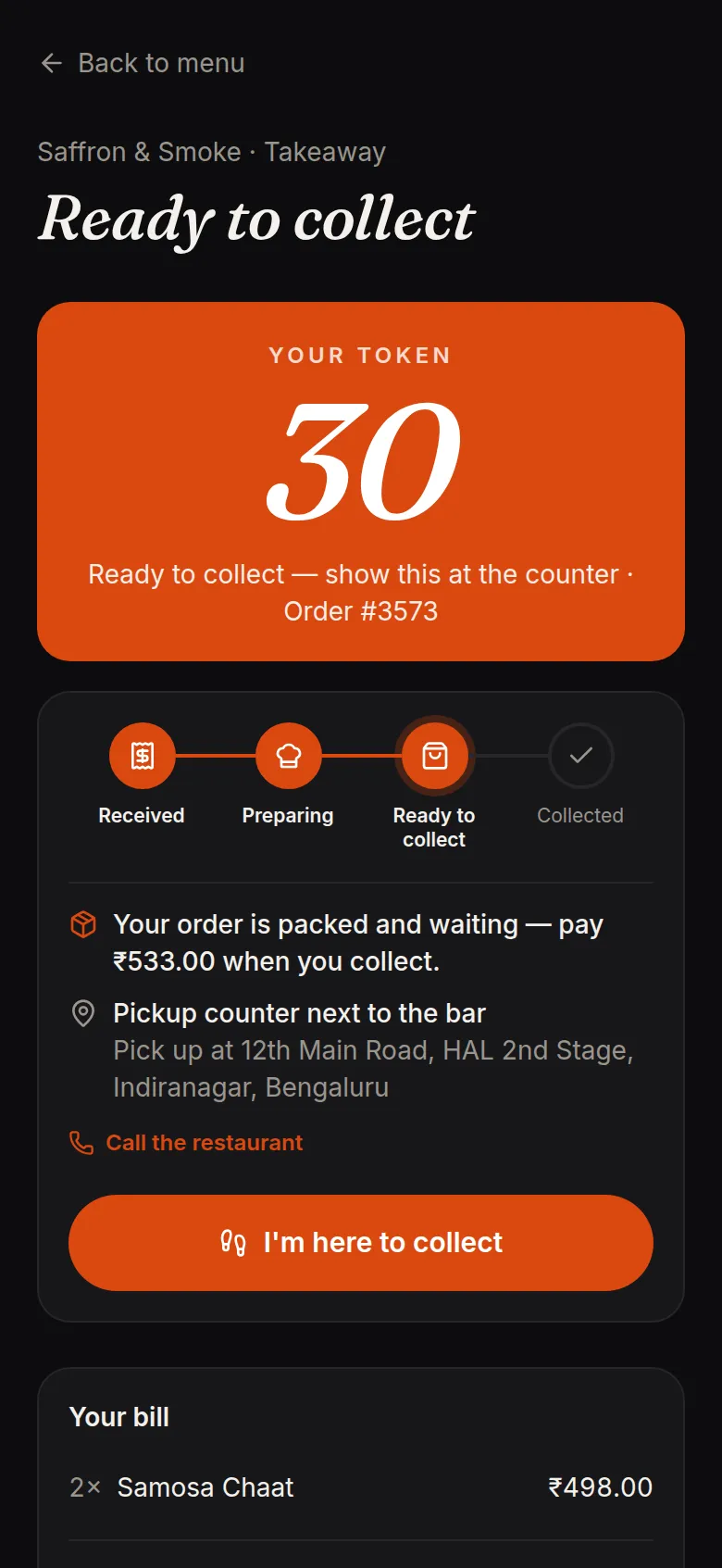 A guest's phone showing Ready to collect with Your token 30, a progress bar, the pickup counter location and an I'm here to collect button